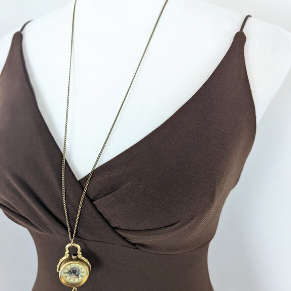 VTG 00s Y2K City Triangles Brown Wrap-Bust V-Neck Asymmetrical Bodycon Dress - Picture 4 of 6